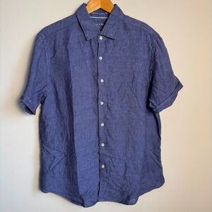 Porter & Ash Mens Yarn Dyed‎ 100% Linen Short Sleeve Button Up Shirt Blue Large